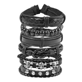 JJDreams 6-10 Pcs Leather Bracelets Set for Women Men Braided Wooden Beads Wrap Cuff Cord Adjustable