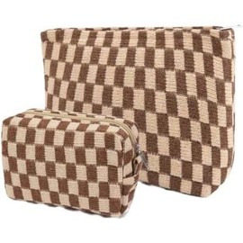 2 count Makeup Bag for Women Checkered  Bag Set Travel Toiletry Bag Makeup Pouch Cute Makeup Bag for Purse Zipper Storage Bag Brushes Aesthetic Accessories Girls   Bag(Light Blue) - Color: Brown