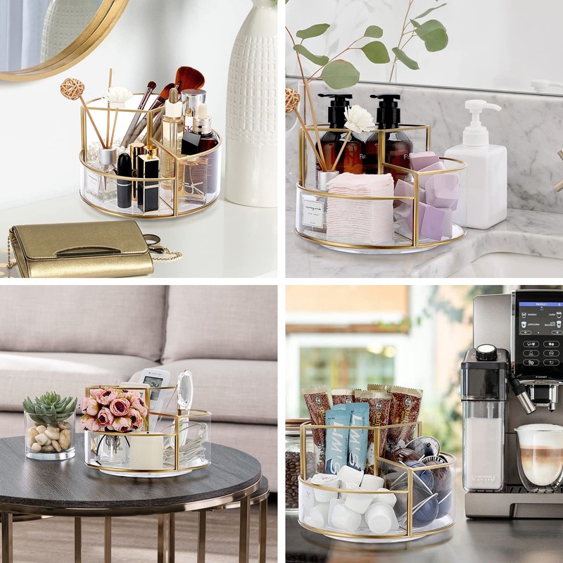 Hipiwe 360 Rotating Makeup Organizer 3-Slot Gold Glass Spinning Cosmetic