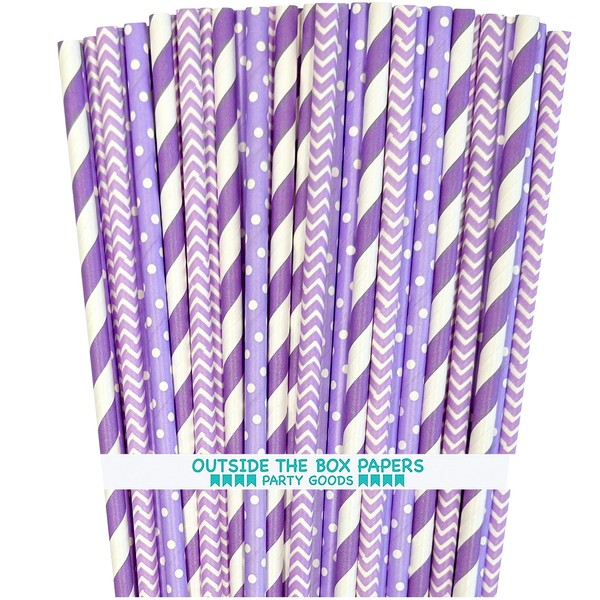Lavender Lilac White Paper Straws Stripe Chevron Polka Dot - 7.75 Inches - 100 Pack - Outside the Box Papers Brand