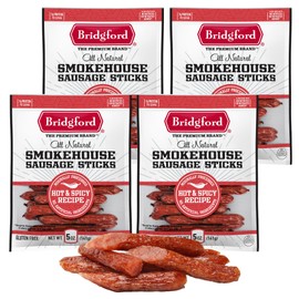 Bridgford Smokehouse Sausage Sticks Hot & Spicy 5 oz Pack of 4 - Gluten-Free High Protein Smoked Sausage Sticks for Many Dietary Preferences - Ready-to-Eat Sausage Sticks for On-the-Go Snacking