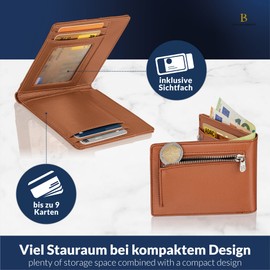 LOGAN & BARNES Slim Men's Wallet with TÜV Tested RFID Protection - Slim Men's Wallet with Coin Compartment - Card Holder Slim with Zip Frankfurt Model, Cognac, Classic