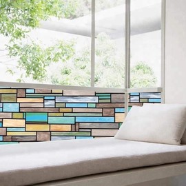 Niviy Privacy Window Covering Brick Stained Glass Window Film Waterproof Static Window Cling, 17.7" by 157.4" No Adhesive Glass Window Decor for Bathroom Kids Room Sliding Door