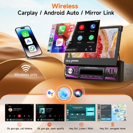[4G+64G] Single Din Android Car Stereo with Wireless Carplay & Android Auto, Hodozzy 7 Inch Flip Out Touchscreen GPS Navigation, Bluetooth 5.0, FM/RDS Radio,Reverse Camera, AUX & Dual USB Ports