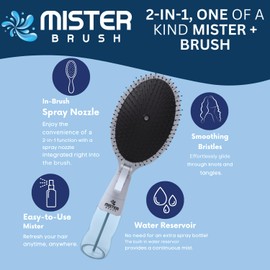 Mister Brush 2-in-1 Hairbrush Mister – Innovative Hair Mist & Brushing Tool for Wet & Dry Hair Styling – No-Tangle Bristles, Convenient Water Reservoir, Easy-to-Use (White)