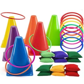 SQAQS 31PCS Toss Game Set, 18cm Sleeve Barrel, Toss Bag Rings Bean Bag for Throwing Game Kids Play Equipment Set, Ring Toss Party Game for Kids Play, Soft Plastic Cones, Outdoor Fun (Solid color)