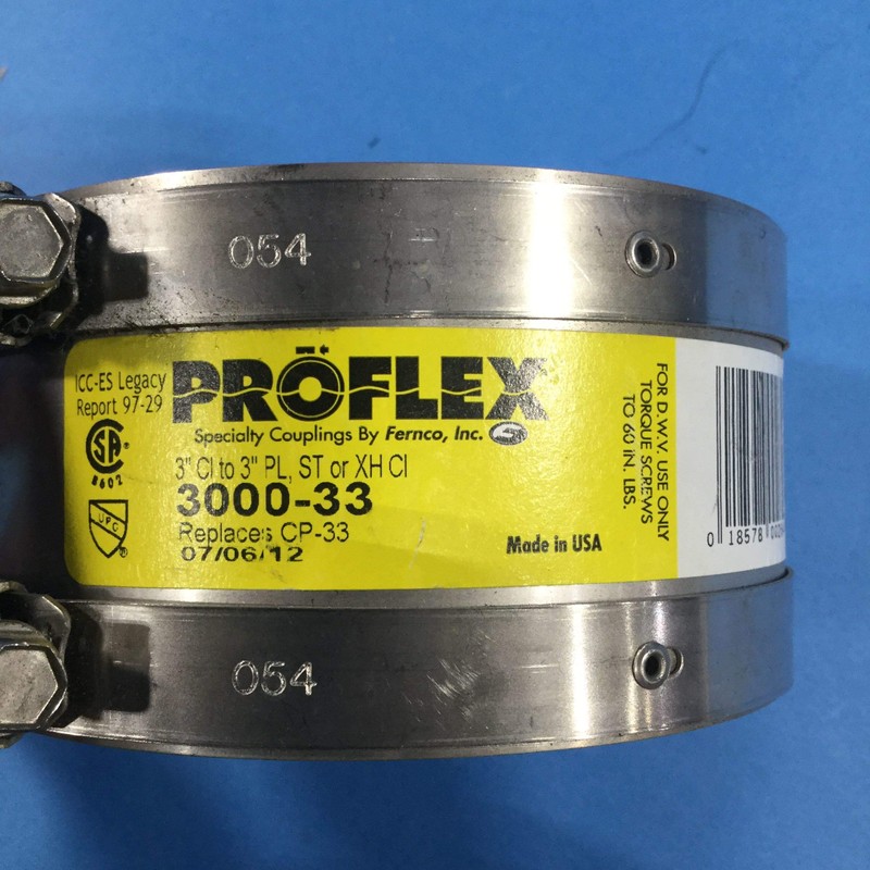 Fernco Proflex P3000-33 Shielded Pipe Coupling for Cast Iron, Plastic,