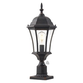 GOALPLUS 24" Outdoor Post Light with Dusk to Dawn Sensor, Exterior Post Lantern Fixture with Pier Mount, Antique Bronze Post Lamp with Seeded Glass, Aluminum Pole Lantern for Garden, Yard