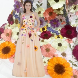 Hermosa tela de encaje multicolor con bordado de malla blanca con flores 3D de una sola cara, girasol, tela de costura para vestir, 1.5 yardas (2)