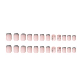 RIICFDD Short Press on Nails Square Fake Nails Silver Glitter French Tip Nails Pink Glossy Acrylic Nails Bling Star Glue on Nails Full Cover Reusable False Nails for Women Girls Nail Art 24 Pcs