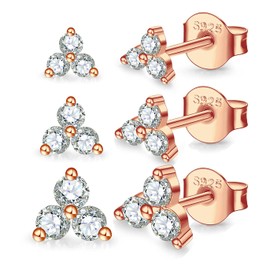MASOP Stud Earrings Silver Gold Rose Gold Set Small Cubic Zirconia Silver 925 Stud 3 mm/4 mm/5 mm Jewellery Gifts for Women Ladies Girls, Silver