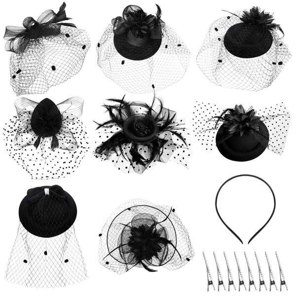 Geyoga 8 Pcs Fascinators Hats 20s 50s Tea Party Headband Flapper Feather Black Hat with Veil for Women Girls Vintage Mesh Veil Headband for Wedding Church Bridal Cocktail