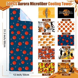 Hosuly 50 Pack Basketball Cooling Towel Bulk Basketball Theme Party Favors Ice Towel Chilly Breathable Polyester Soft Sport for Neck Yoga Gym Workout Camping Fitness Running 32 x 12 Inch