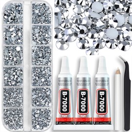 Towenm B7000 Glue with Mine Silver Rhinestones for Crafts Clothes Shoes Fabric, 4000PCS Flatback Rhinestone for Nails Face Tumblers, Glue Fix Gems Bejeweled Kit, Mixed 5 Sizes 2mm 3mm 4mm 5mm 6mm