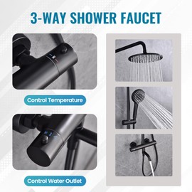 Dawot 3-Function Shower Faucet Set 8" Round Rain Shower Head with Handheld Spray Thermostatic Rainfall Shower System Shower Trim Kit for Bathroom or Backyard, Matte black