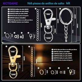 Kit de fabricación de llaveros de 968 piezas que incluye llavero, llavero, cierre de pinza de langosta y anillo de salto para hacer joyas DIY,Suministros para Manualidades(Plata y Oro)