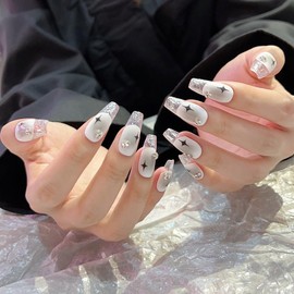 Pure Handmade Nails Press on Nail Reusable Fake Nails Y2KWHITE BLACKSTARS Bling Bling Medium Stick on Nails French Tip False Nails 10pcs (M, Q068)