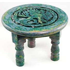 New Age Imports Round Tree of Life Altar Table, Rustic Green, Magenta