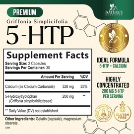 5 HTP Supplement Capsules 200 mg 5HTP Plus Calcium for Brain & Calm Support - Extra Strength Premium Griffonia Simplicifolia 5-HTP Formula - 5 Hydroxytryptophan - Gluten Free 60 Vegetarian Capsules