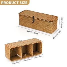 YKUKIZEE Seagrass Storage Basket with Lid, Rectangular Seagrass Woven Storage Basket with 3 Compartments, Woven Rattan Storage Baskets for Shelves Organize Snack Toys
