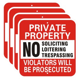Large Private Property No Soliciting Loitering Trespassing Sign, 12x12 Inches Metal Heavy Duty Reflective Aluminum, Violators Will Be Prosecuted, Weather Resistant, Weatherproof, Indoor or Outdoor (4-Pack)