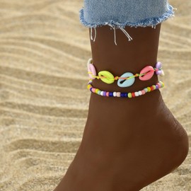 KONPJE Boho Shell Beads Anklets Set 2 Piece shell anklets for women Sea Turtle Starfish Ankle Bracelets Chain Adjustable Foot Jewelry for Women (colorful)