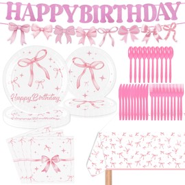 Pink Bow Birthday Decorations, 72 Pcs Pink Bow Plates and Napkins, Bow Banner Tablecloth, Coquette Birthday Decorations, Bow Themed Party Decorations