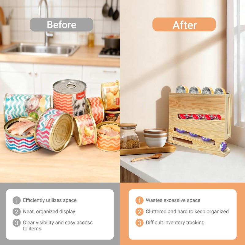 Wood Cat Food Can Organizer, 3-Tier Stackable FIFO Pantry Organizer,