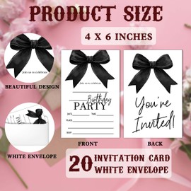 SIXEIGHT Black Bow Birthday Invitations, Black Ribbon Bow Birthday Party Invitations, 20 Party Invitations with Envelopes for Girls Boys, Birthday Party Favor & Decoration (4"x6")-A11