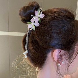 Jumwrit Pearl Rhinestone Ponytail Buckle Hair Clip Flower Long Tassel Hair Barrette Strong Hold Gold Metal Bun Claw Clip Floral Leaf Hairpin Fashion Hair Styling Accessories for Women Girls (Style 1)