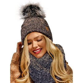 4sold Women's Knitted Hat Lined with Faux Fur Bobble Set Hat & Scarf Alpaca Wool Bobble Hat Pebble Pompom, Set Dark Brown