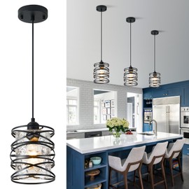 LAMKNVS Black Mini Pendant Light Fixture 1-Pack Modern Kitchen Island Pendant Lighting 6.3 Inch Spiral Cage Handblown Hammered Seeded Glass Shade for Dining Room Bedroom Foyer Hallway Bar, E26