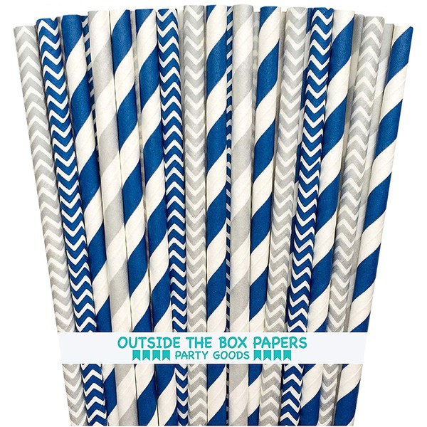 Outside the Box Papers Navy Blue and Silver Chevron and Striped Paper Straws 7.75 Inches 100 Pack Navy Blue, Silver