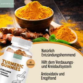 Turmeric Gummy Bears with Ginger and Black Pepper - High Dose with 80% Curcumin and 95% Piperine - Naturally Anti-Inflammatory - Curcuma Gummies Orange Flavour - 60 Units