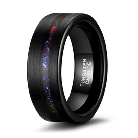 TRUMIUM 8mm Mens Wedding Band Tungsten Black Sandblasted and Colored Opal Flakes Inlay High Engagement Promise Statement Rings Beveled Edges Comfort Fit Size 7.5