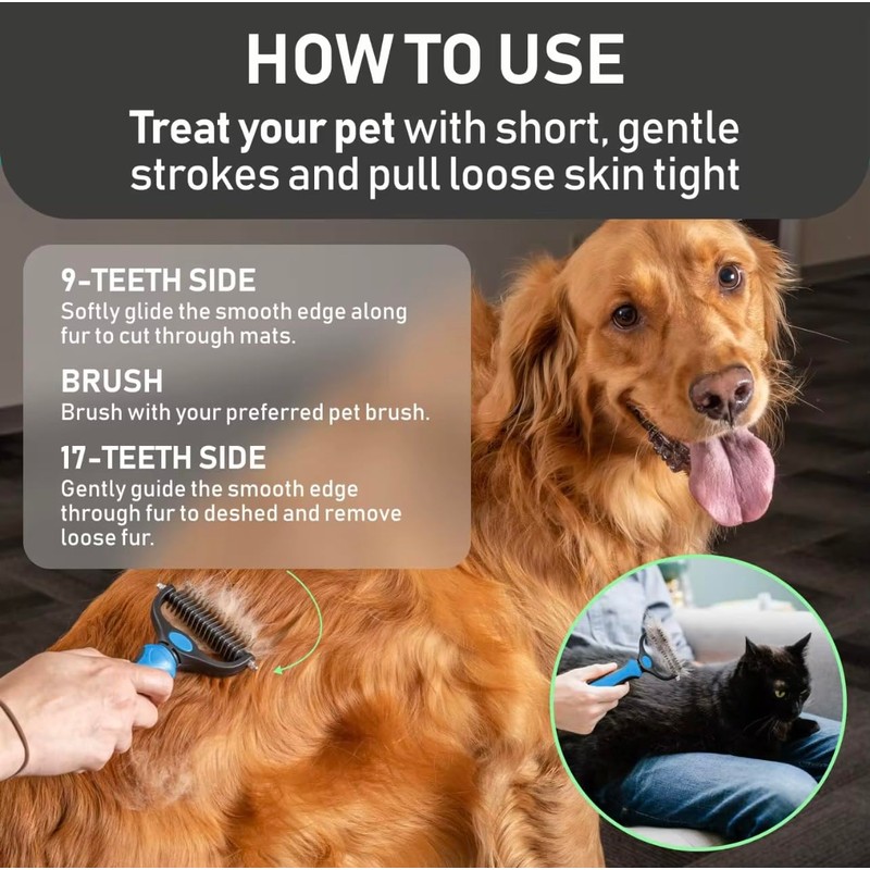 Pet Grooming Brush, Double-Sided Deshedding Tool, Undercoat Rake for Dogs