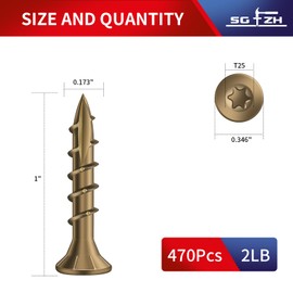 SG TZH #8 x 1 Inch Deck Screws (470Pcs) 2lb. Carbon Steel, Yellow, Flat Head, Rust Resistant epoxy Coated, with T25 Star Bit