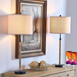 Maxax Rattan Buffet Table Lamp Set of 2 for Living Room, 26" to 33" Height Adjustable Tall Skinny Farmhouse Black Bedside Nightstand Lamp with USB A+C Ports for Bedroom End Table