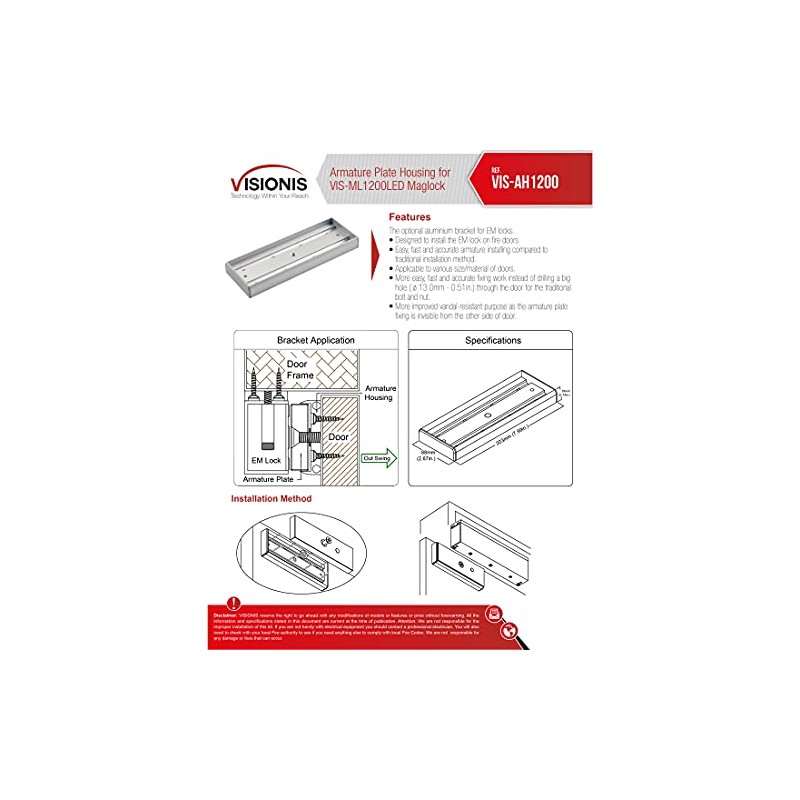Visionis VIS-AH1200 Armature Plate Housing for 1200lbs Magnetic Door Lock