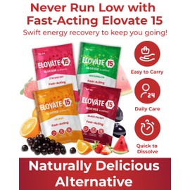 Elovate 15 Fast-Acting Glucose Packets - Quick Dissolving, Gluten-Free 15g of Glucose Powder for Sugar & Energy Dips - Oral Dextrose Powder for Kids & Adults, 25 Slimpaks, Multi-Flavor