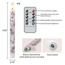Lasumora Purple Flowers Flameless Taper Candles with Remote Timer, LED Taper Candles Battery Operated Warm 3D Wick Flickering, Real Wax CandleSticks, Wedding Birthday Christmas Decor