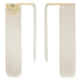 BARSDAR Straight Wrap Around Ponytail Extensions - 18 Inch Long Straight Blonde Ponytails for Women, Clip in Ponytail Hair Extensions Synthetic Pony Tails Hairpieces - Platinum Blonde