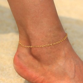 MEVECCO Anklet for Women Gold Barbell Rosary Chain 14K Gold Plated Dainty Boho Beach Summer Simple Foot Jewelry Ankle Bracelet