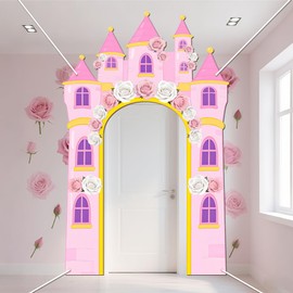 WADORN 2Pcs Pink Castle Photo Door Banner, 5.2x8.6 Ft Princess Castle Birthday Party Decorations Large Princess Theme Background Hanging Porch Banner Backdrop for Pink Birthday Party Supplies