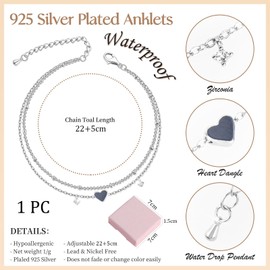 Nayyana Sterling Silver Anklet Bracelets for Women Waterproof 925 Silver Gold Plated CZ & Heart Pendant Dainty Anklets for Women Simple Chain Anklet