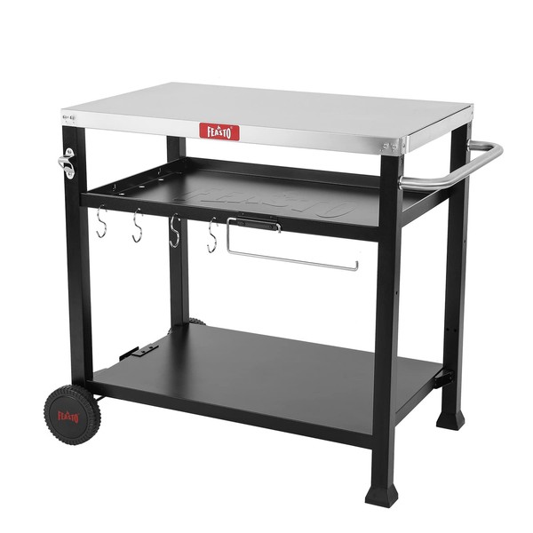 Feasto 3-Shelf Movable Food Prep and Pizza Oven Table, BBQ Grill Cart, Indoor & Outdoor Multifunctional Stainless Steel Grill Table on 2 Wheels, L39.5 x W25.6 x H33