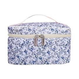 Floral Travel Cosmetic Bag, Blue and White Pattern, Portable Makeup Case with Pink Ribbon Handle Gift for Her Mother's Day Holiday Accessorie or Everyday Use