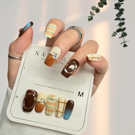 Pure Handmade Work， Chocolate Brown Mixed Color Press On Nails-Pure Hand-Painted Nails, Three Sizes And Specifications, 10 Models And Sizes to Match Your Nails,-M dimension