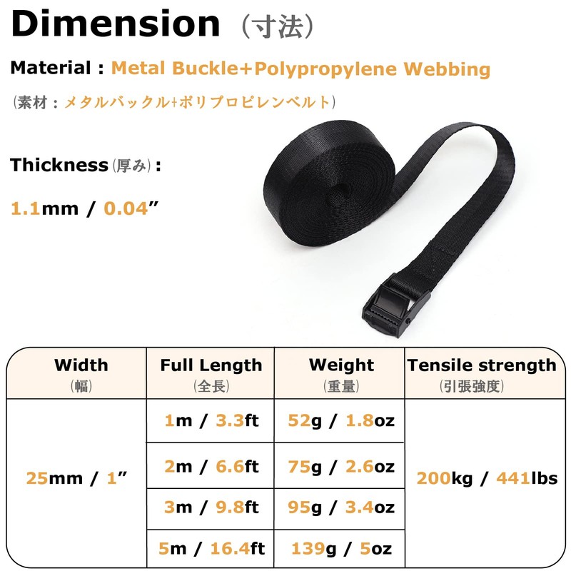 YAPJEB Cargo Tightening Belt, Luggage Belt, Lashing Belt, Tie-Down Belt,