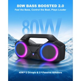 Bluetooth Speaker 80W(Peak)Loud with Bass, 20H Playtime, IPX7 Waterproof, RGB Lights, TWS, Large Portable Wireless Speakers for Outdoor, Home, Party, Pool, Beach, Tailgating, Gym, Work, Gifts (Blue)